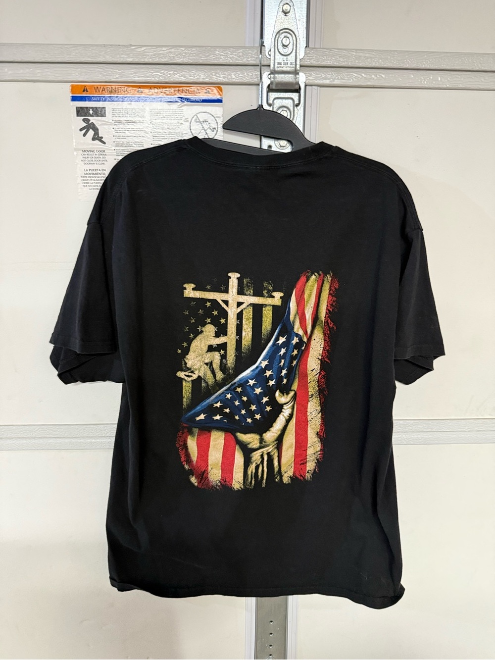 Black Short-Sleeve Graphic Tee with Patriotic Flag and Worker Motif